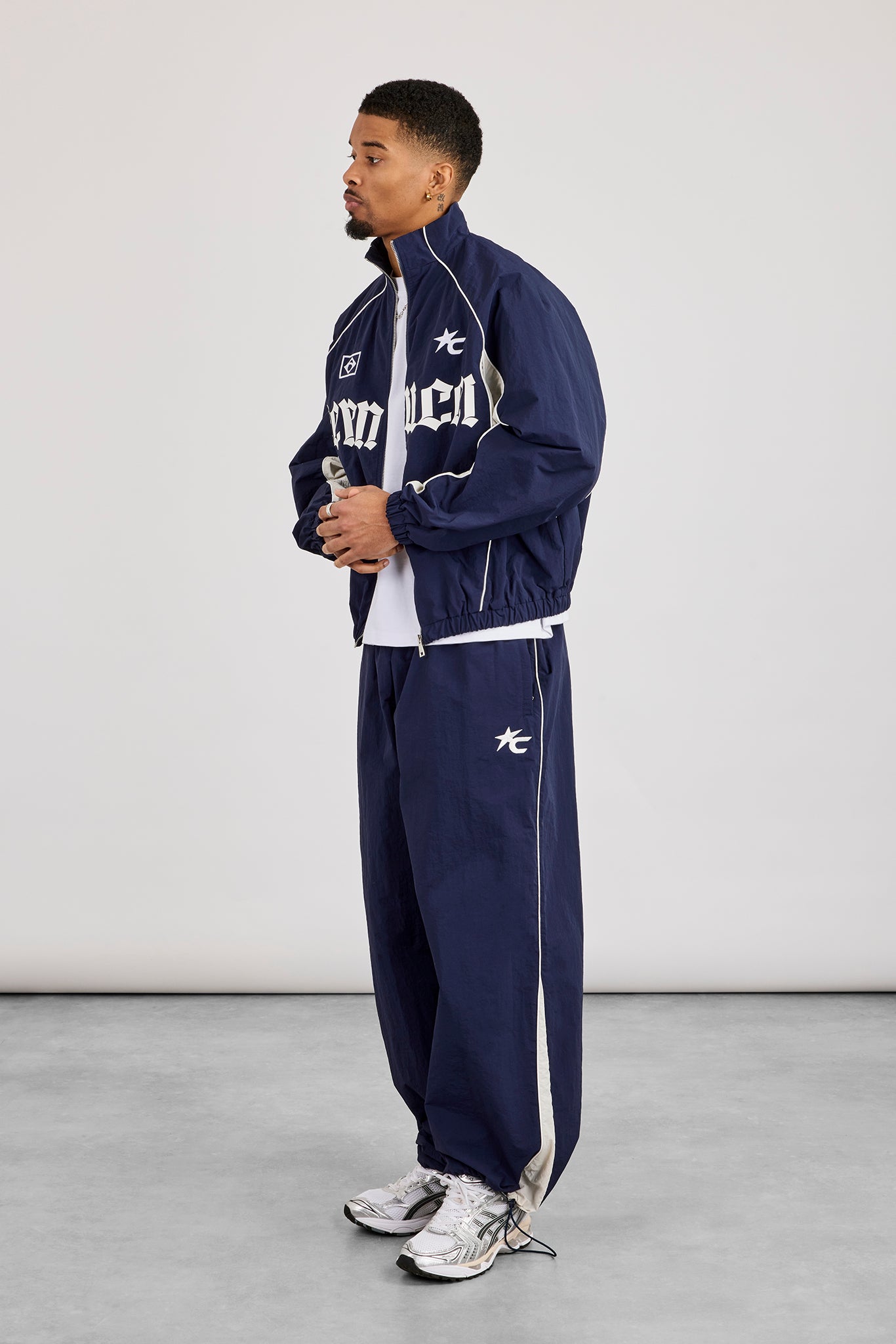 Oversized Nylon Panelled Track Top & Panelled Joggers - Navy